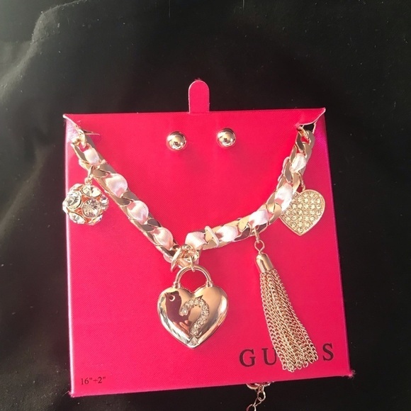 Guess Gold/pink Neckless with Earings - Picture 1 of 4